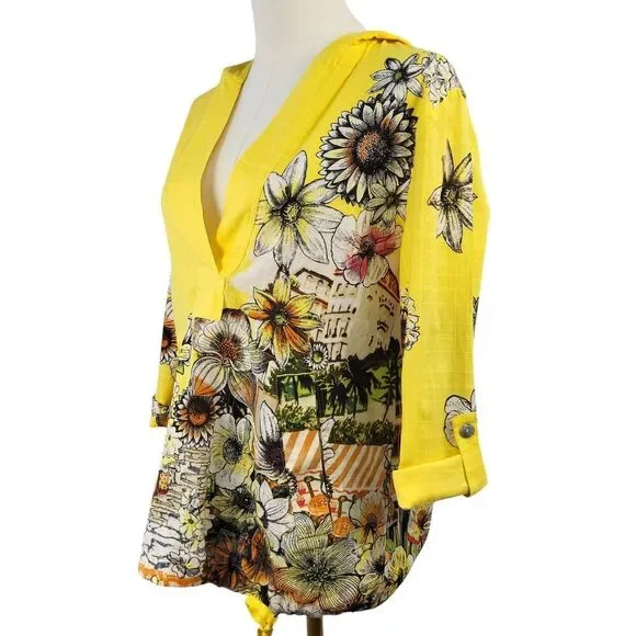 Chico’s Size 1 Medium Yellow Floral 100% Cotton Hoodie Roll Tab Sleeves Pockets - Picture 5 of 14